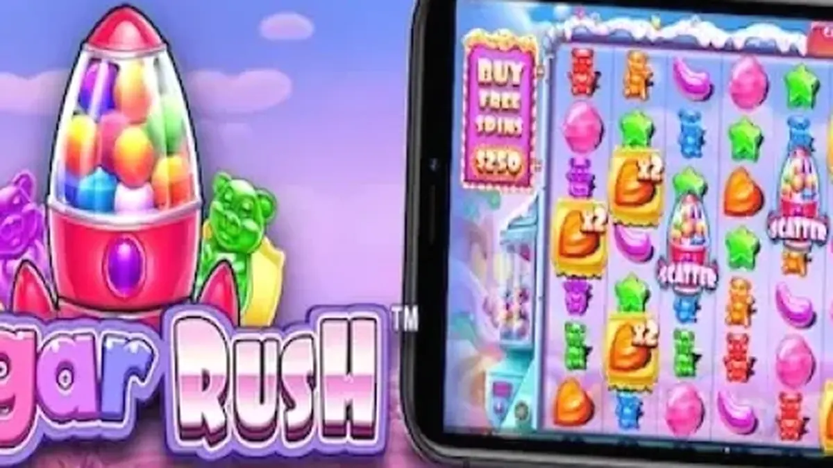 Sugar Rush স্লট গেমের রঙিন ক্যান্ডি থিমযুক্ত গ্রিড এবং মাল্টিপ্লায়ার ফিচার